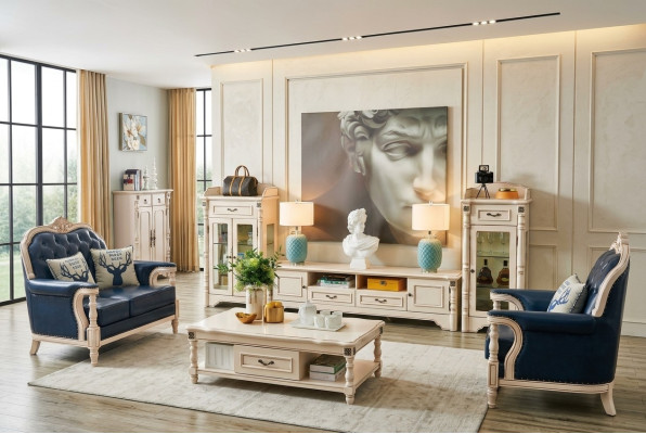 3-piece living room wall with TV lowboard, elegant display cabinet, living room design, classic