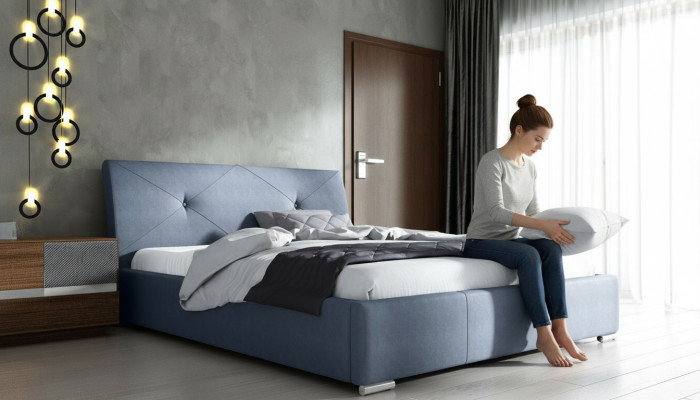 Blue upholstered bed double hotel beds bedroom bed frame fabric blue wood