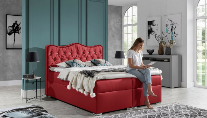 Double bed, bed, box spring bed with storage box, matrimonial bed, beds, upholstered bed, red, new
