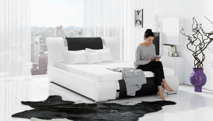 Bed bed frame double bed beds matrimonial bed upholstered bed chrome trim furniture white