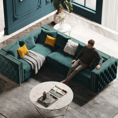 L-shaped sectional corner upholstered sofa couch fabric Chesterfield furniture
