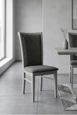 Dining room chair, wooden chair, gray fabric with armrest, relaxed design, armchair, Italy