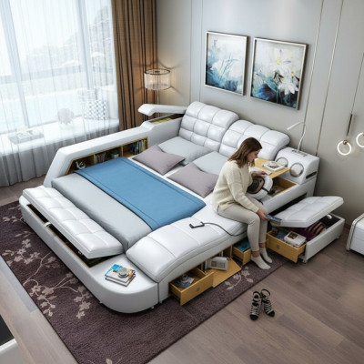 Bed Double Shelves Leather Upholstered Beds Multifunction with Massage Function New