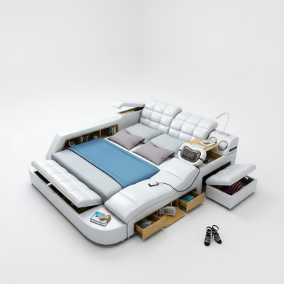 Bed Double Shelves Leather Upholstered Beds Multifunction with Massage Function New