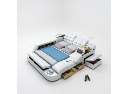 Bed Double Shelves Leather Upholstered Beds Multifunction with Massage Function New