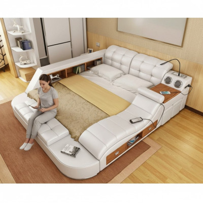 Double Luxury Leather Bed + USB Upholstered Beds Modern Hotel Multifunction