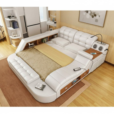 Double Luxury Leather Bed + USB Upholstered Beds Modern Hotel Multifunction