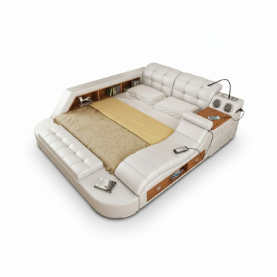 Double Luxury Leather Bed + USB Upholstered Beds Modern Hotel Multifunction