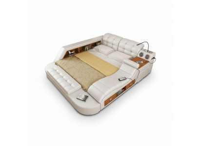 Double Luxury Leather Bed + USB Upholstered Beds Modern Hotel Multifunction