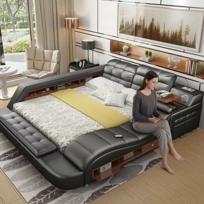 Bed Double Shelves Leather Upholstered Beds Multifunction with New Massage Function