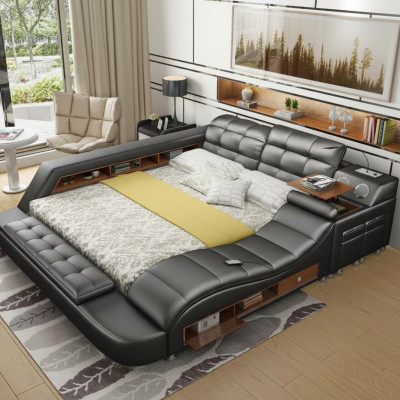 Bed Double Shelves Leather Upholstered Beds Multifunction with New Massage Function