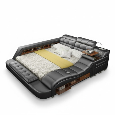 Bed Double Shelves Leather Upholstered Beds Multifunction with New Massage Function
