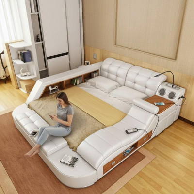 Multifunction Bed Shelf Wardrobe USB Charging Station Double Leather Beds
