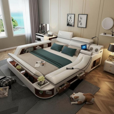Beds Hotel 180x200cm Multifunction Shelf USB Design Bed XXL Big Leather