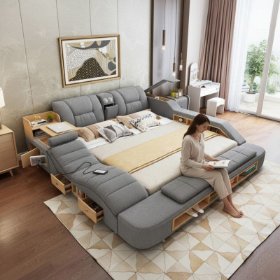 Design leather beds hotel double new multifunctional bed Bluetooth speakers