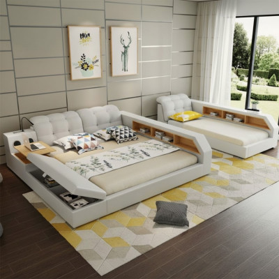 Design leather beds hotel double shelf rack 180x200 multifunction