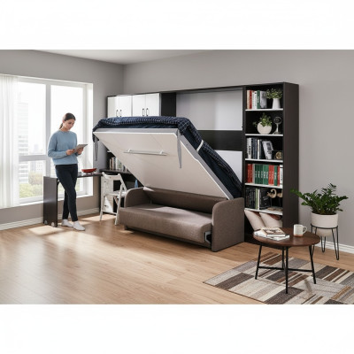 Wardrobe bed with sofa cushions, wall cabinets, folding sleep bed furniture + new couch