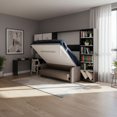 Wardrobe bed with sofa cushions, wall cabinets, folding sleep bed furniture + new couch