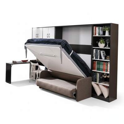 Wardrobe bed with sofa cushions, wall cabinets, folding sleep bed furniture + new couch