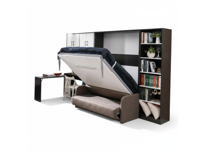 Wardrobe bed with sofa cushions, wall cabinets, folding sleep bed furniture + new couch