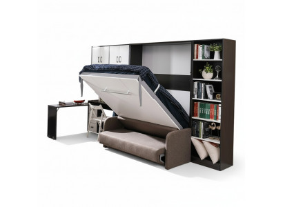 Wardrobe bed with sofa cushions, wall cabinets, folding sleep bed furniture + new couch