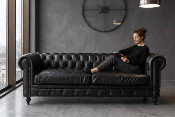 Chesterfield Sofa 3 Seater Modern Leather-Fiber Solid Wood Luxury Classic Style Furniture
