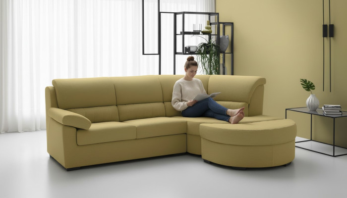 Italian furniture, textile, yellow modern luxury corner couch, L-shape, noble modern Alfitalia.