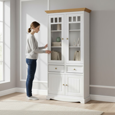 Classic living room furniture white brown wood showcase display cabinet furniture