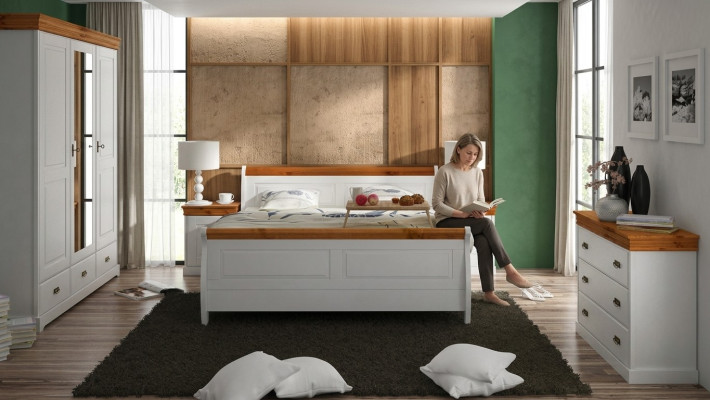 Country House Bed, Wardrobe, Nightstand, Complete Bedroom Wood Set 5-piece New