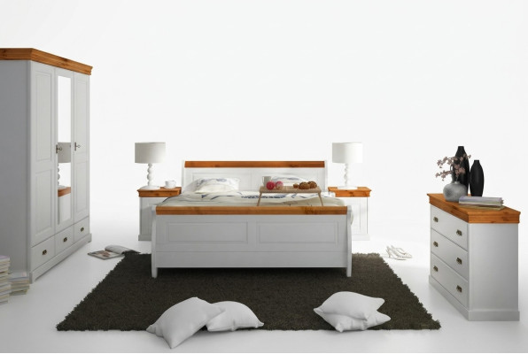 Country House Bed, Wardrobe, Nightstand, Complete Bedroom Wood Set 5-piece New