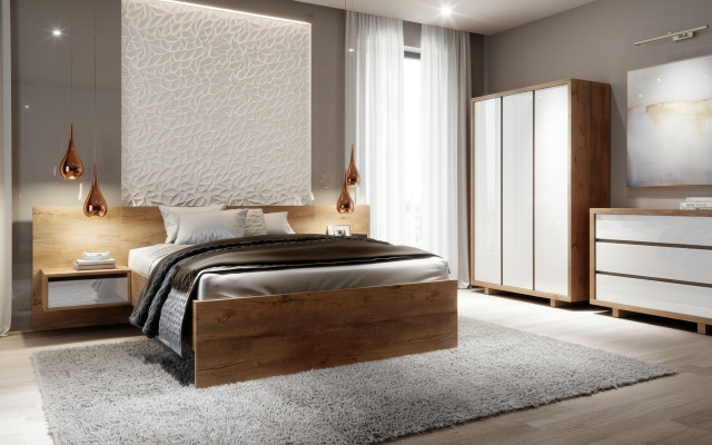 Complete bedroom set bed nightstand wardrobe dresser design 5 pieces.