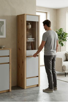 Handcrafted wardrobe made of solid wood, glass display cabinet, wooden cabinet, living room