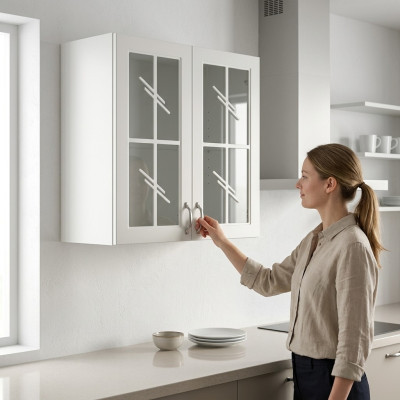 Classic design of the hanging cabinet made of wood and glass.