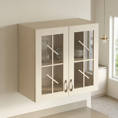 Classic design of the hanging cabinet made of wood and glass.