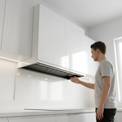 Wall-mounted cabinet for dishes, wall-mounted cabinet interior, kitchen light, kitchen.