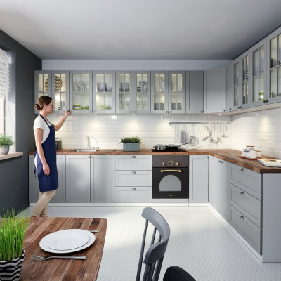 Built-in kitchen design, kitchen glass cabinets, base cabinets, custom wood design.