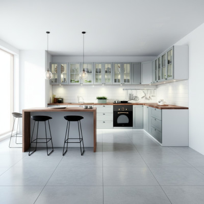 Built-in kitchen design, kitchen glass cabinets, base cabinets, custom wood design.