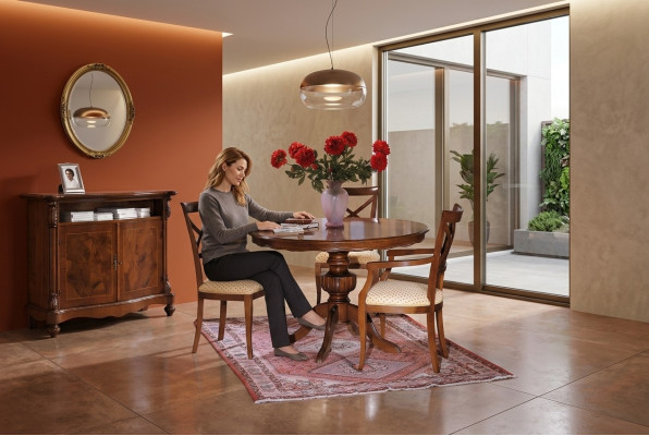 Design dining room round table set, 4-piece set, Italian furniture complete.