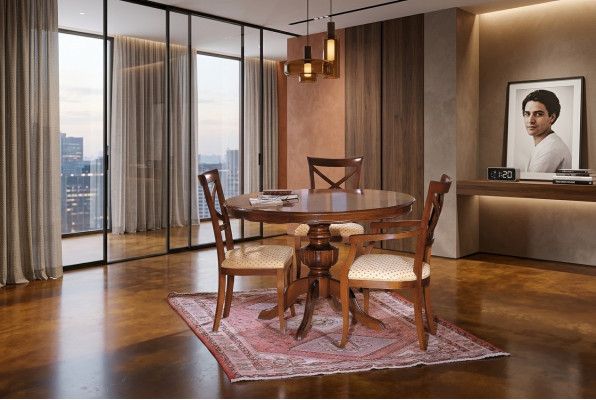 Design dining room round table set, 4-piece set, Italian furniture complete.