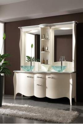 Classic double sink bathroom vanity with wooden base cabinet and freestanding mirror