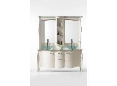 Classic double sink bathroom vanity with wooden base cabinet and freestanding mirror