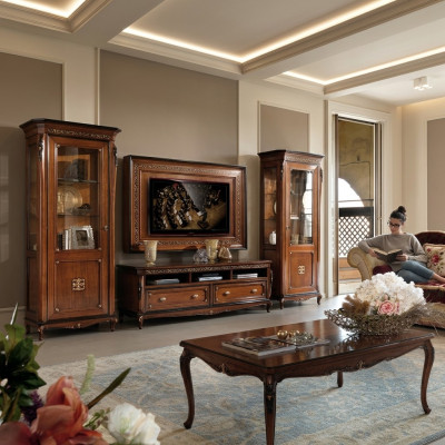 Set of 4 pieces: Living room RTV cabinet, display cabinet, dresser, coffee table, wood, luxury set group