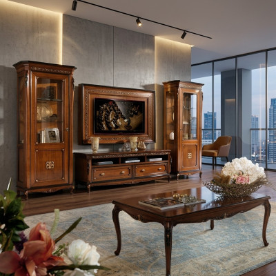 Set of 4 pieces: Living room RTV cabinet, display cabinet, dresser, coffee table, wood, luxury set group