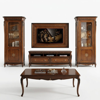 Set of 4 pieces: Living room RTV cabinet, display cabinet, dresser, coffee table, wood, luxury set group