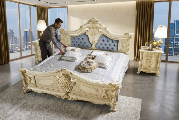 Bed Bedroom Set Furniture Art Deco Luxury Beds 2x Nightstand 3-piece Set.