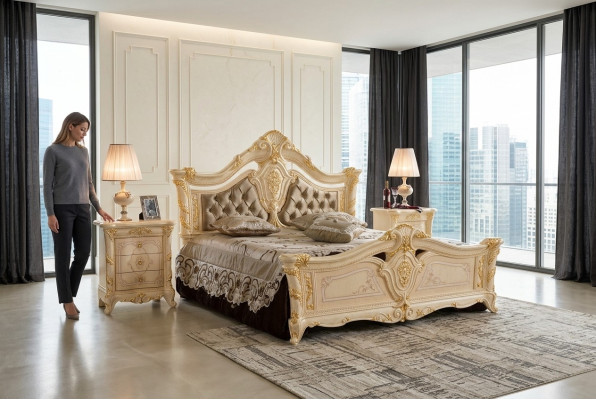 Luxury Design Double Hotel Beds New Bedroom Solid Wood Upholstery