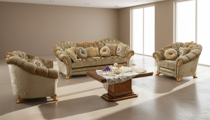 Luxury furniture sofa set couch sofa baroque rococo upholstery 3+1+1 seater wood 3-piece