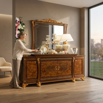 Dresser Set Italian Furniture 2-piece. Dresser with Mirror Solid Wood Sideboard