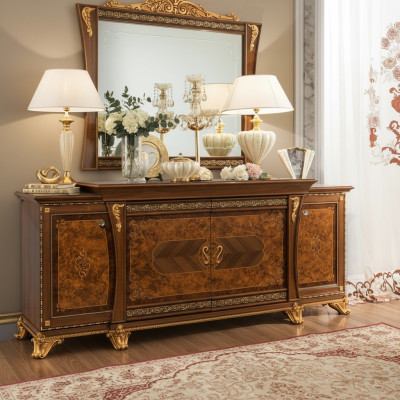 Dresser Set Italian Furniture 2-piece. Dresser with Mirror Solid Wood Sideboard