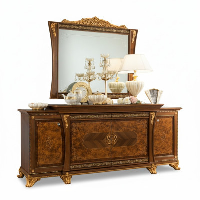 Dresser Set Italian Furniture 2-piece. Dresser with Mirror Solid Wood Sideboard